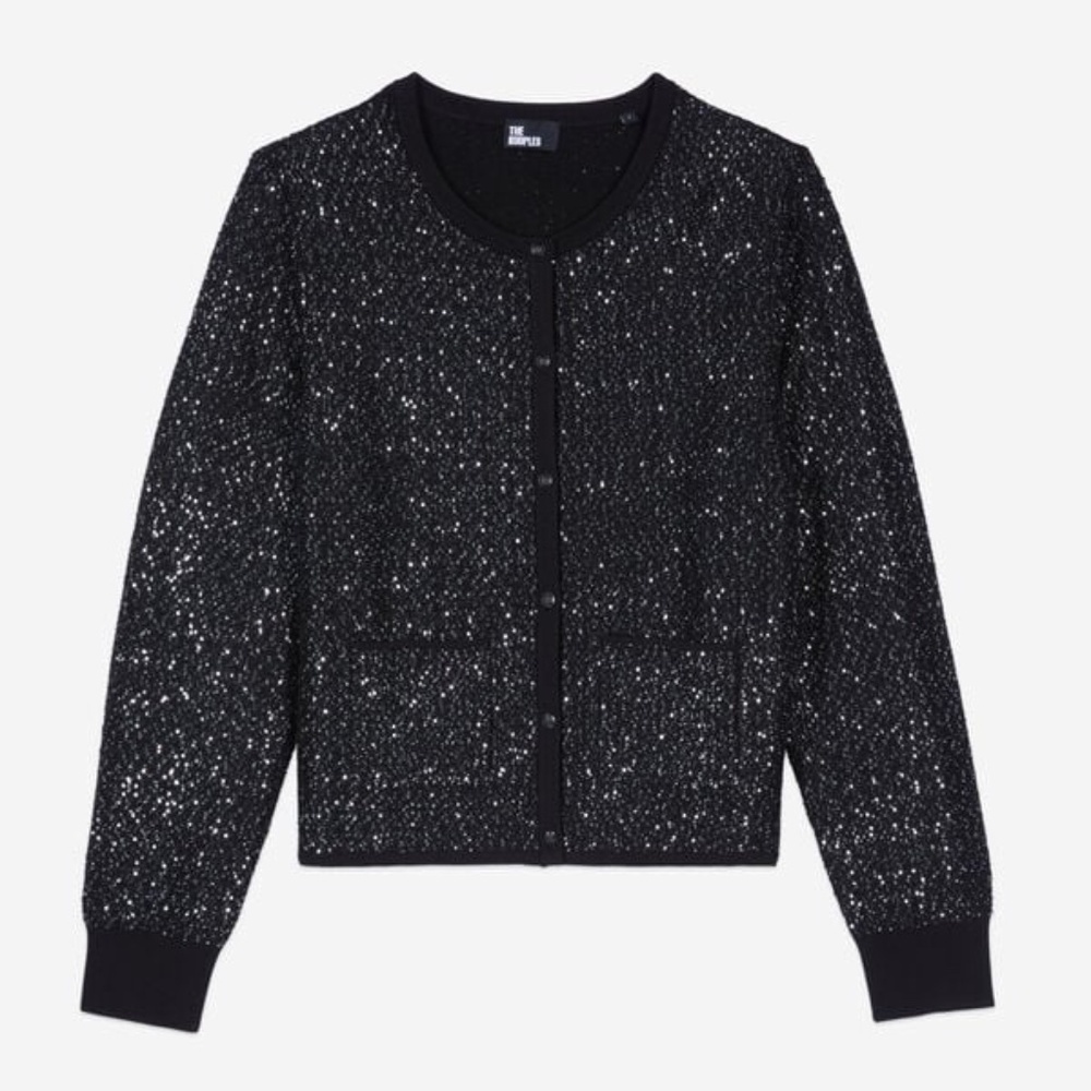 NWT | The Kooples | Black Knit Cardigan Sweater | Silver Sequin-Embellished - Picture 3 of 10